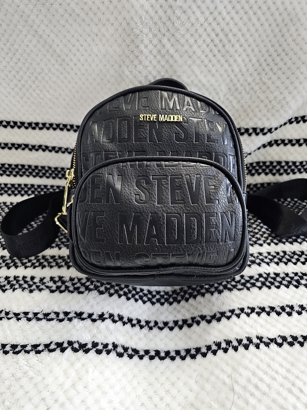 Steve Madden Black Embossed Logo Mini Backpack